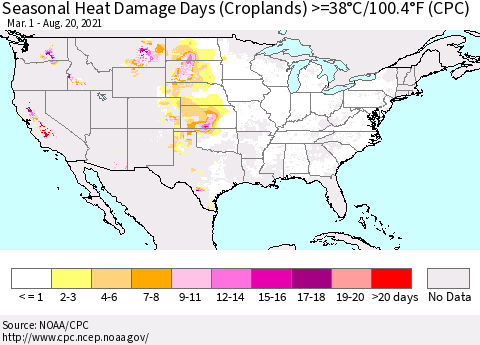 United States Seasonal Heat Damage Days (Croplands) >=38°C/100.4°F (CPC) Thematic Map For 3/1/2021 - 8/20/2021