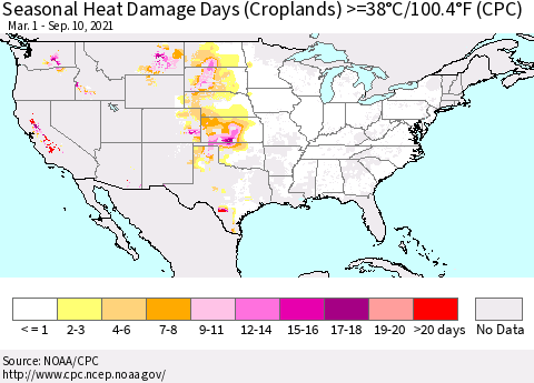 United States Seasonal Heat Damage Days (Croplands) >=38°C/100°F (CPC) Thematic Map For 3/1/2021 - 9/10/2021
