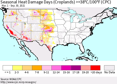 United States Seasonal Heat Damage Days (Croplands) >=38°C/100.4°F (CPC) Thematic Map For 3/1/2021 - 9/30/2021