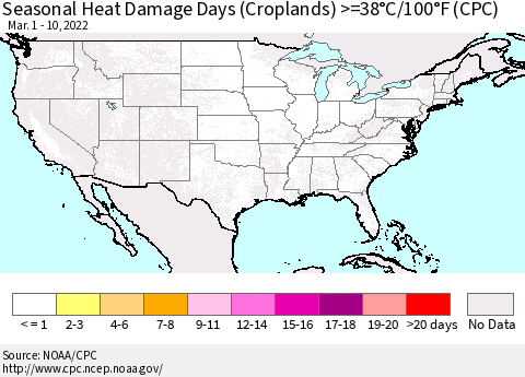 United States Seasonal Heat Damage Days (Croplands) >=38°C/100°F (CPC) Thematic Map For 3/1/2022 - 3/10/2022