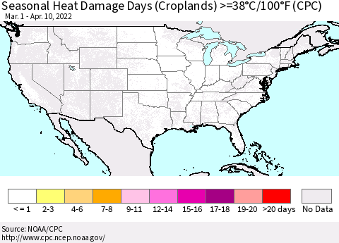 United States Seasonal Heat Damage Days (Croplands) >=38°C/100°F (CPC) Thematic Map For 3/1/2022 - 4/10/2022