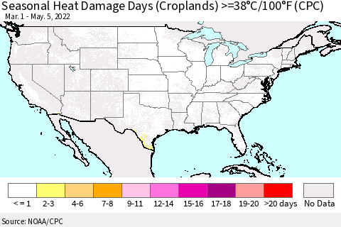United States Seasonal Heat Damage Days (Croplands) >=38°C/100°F (CPC) Thematic Map For 3/1/2022 - 5/5/2022