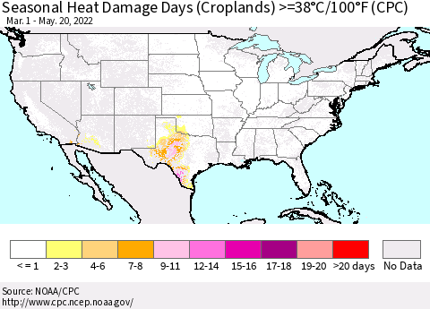 United States Seasonal Heat Damage Days (Croplands) >=38°C/100°F (CPC) Thematic Map For 3/1/2022 - 5/20/2022