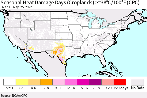 United States Seasonal Heat Damage Days (Croplands) >=38°C/100°F (CPC) Thematic Map For 3/1/2022 - 5/25/2022