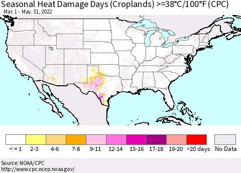 United States Seasonal Heat Damage Days (Croplands) >=38°C/100°F (CPC) Thematic Map For 3/1/2022 - 5/31/2022