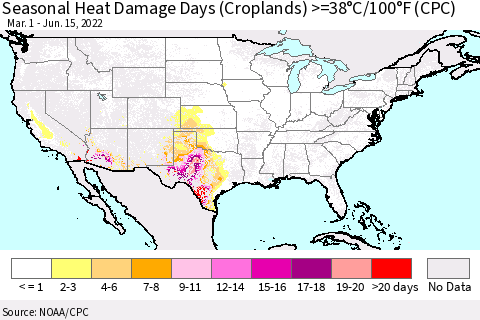 United States Seasonal Heat Damage Days (Croplands) >=38°C/100°F (CPC) Thematic Map For 3/1/2022 - 6/15/2022