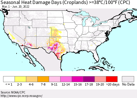 United States Seasonal Heat Damage Days (Croplands) >=38°C/100°F (CPC) Thematic Map For 3/1/2022 - 6/20/2022