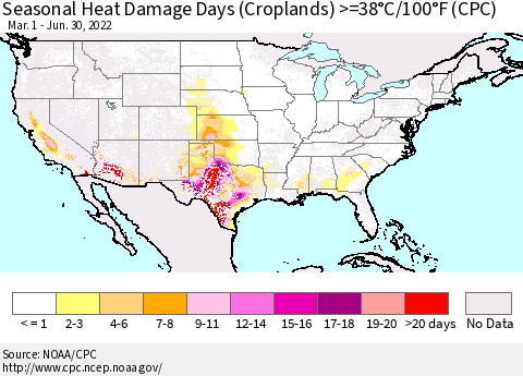 United States Seasonal Heat Damage Days (Croplands) >=38°C/100°F (CPC) Thematic Map For 3/1/2022 - 6/30/2022