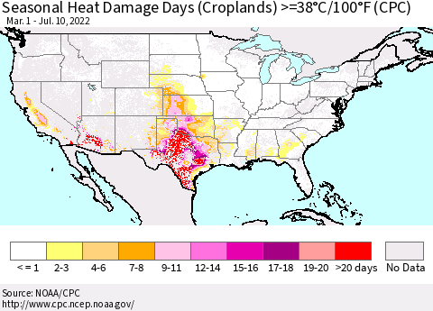United States Seasonal Heat Damage Days (Croplands) >=38°C/100°F (CPC) Thematic Map For 3/1/2022 - 7/10/2022