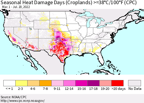 United States Seasonal Heat Damage Days (Croplands) >=38°C/100°F (CPC) Thematic Map For 3/1/2022 - 7/20/2022