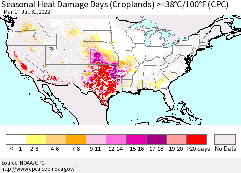 United States Seasonal Heat Damage Days (Croplands) >=38°C/100°F (CPC) Thematic Map For 3/1/2022 - 7/31/2022