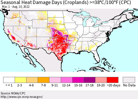 United States Seasonal Heat Damage Days (Croplands) >=38°C/100°F (CPC) Thematic Map For 3/1/2022 - 8/10/2022