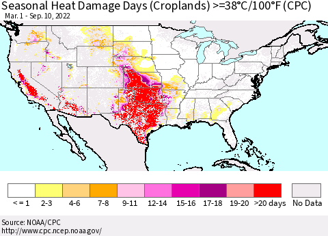 United States Seasonal Heat Damage Days (Croplands) >=38°C/100°F (CPC) Thematic Map For 3/1/2022 - 9/10/2022