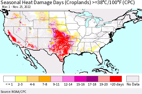 United States Seasonal Heat Damage Days (Croplands) >=38°C/100°F (CPC) Thematic Map For 3/1/2022 - 11/25/2022