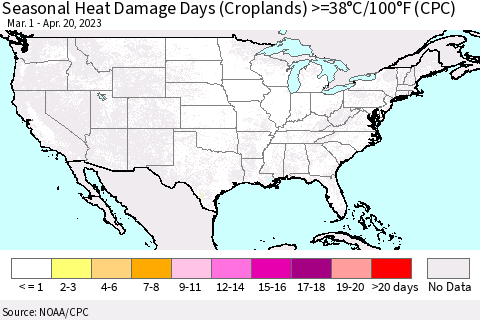 United States Seasonal Heat Damage Days (Croplands) >=38°C/100°F (CPC) Thematic Map For 3/1/2023 - 4/20/2023