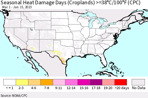 United States Seasonal Heat Damage Days (Croplands) >=38°C/100°F (CPC) Thematic Map For 3/1/2023 - 6/15/2023