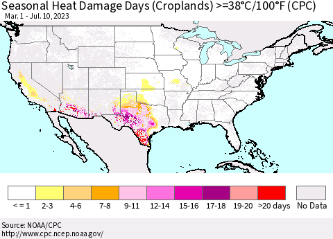 United States Seasonal Heat Damage Days (Croplands) >=38°C/100°F (CPC) Thematic Map For 3/1/2023 - 7/10/2023