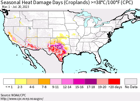United States Seasonal Heat Damage Days (Croplands) >=38°C/100°F (CPC) Thematic Map For 3/1/2023 - 7/20/2023