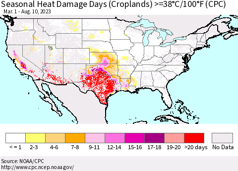 United States Seasonal Heat Damage Days (Croplands) >=38°C/100°F (CPC) Thematic Map For 3/1/2023 - 8/10/2023