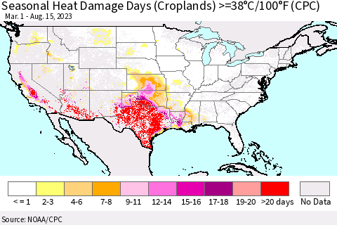 United States Seasonal Heat Damage Days (Croplands) >=38°C/100°F (CPC) Thematic Map For 3/1/2023 - 8/15/2023