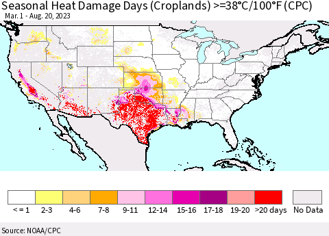 United States Seasonal Heat Damage Days (Croplands) >=38°C/100°F (CPC) Thematic Map For 3/1/2023 - 8/20/2023
