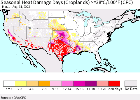 United States Seasonal Heat Damage Days (Croplands) >=38°C/100°F (CPC) Thematic Map For 3/1/2023 - 8/31/2023