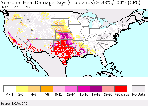 United States Seasonal Heat Damage Days (Croplands) >=38°C/100°F (CPC) Thematic Map For 3/1/2023 - 9/10/2023