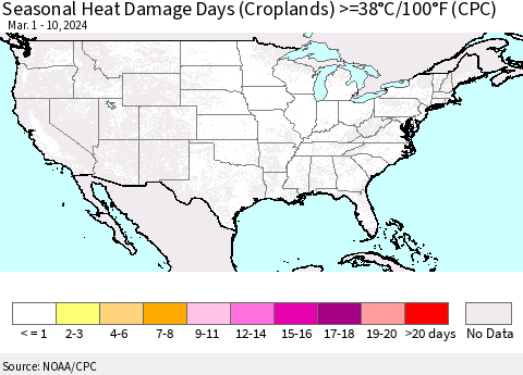 United States Seasonal Heat Damage Days (Croplands) >=38°C/100°F (CPC) Thematic Map For 3/1/2024 - 3/10/2024