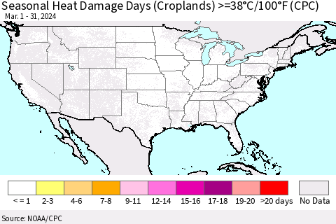 United States Seasonal Heat Damage Days (Croplands) >=38°C/100°F (CPC) Thematic Map For 3/1/2024 - 3/31/2024