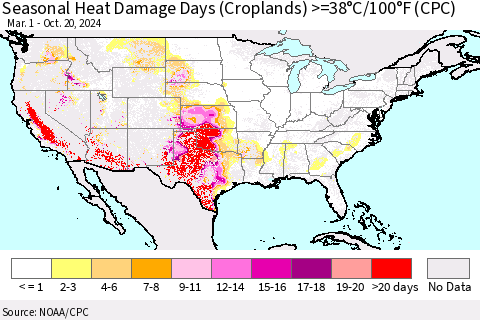 United States Seasonal Heat Damage Days (Croplands) >=38°C/100°F (CPC) Thematic Map For 3/1/2024 - 10/20/2024