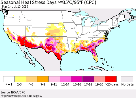 United States Seasonal Heat Stress Days >=35°C/95°F (CPC) Thematic Map For 3/1/2019 - 7/10/2019