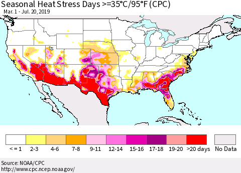 United States Seasonal Heat Stress Days >=35°C/95°F (CPC) Thematic Map For 3/1/2019 - 7/20/2019