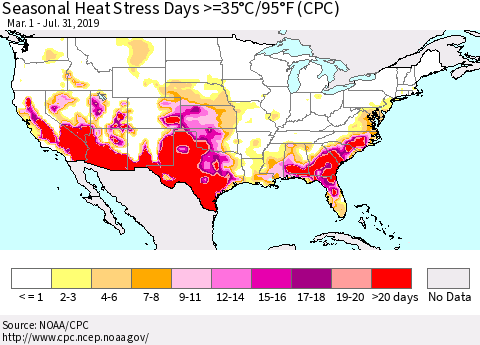United States Seasonal Heat Stress Days >=35°C/95°F (CPC) Thematic Map For 3/1/2019 - 7/31/2019