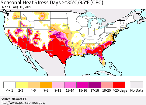United States Seasonal Heat Stress Days >=35°C/95°F (CPC) Thematic Map For 3/1/2019 - 8/10/2019