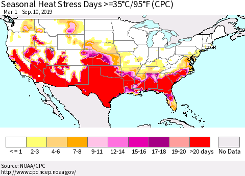 United States Seasonal Heat Stress Days >=35°C/95°F (CPC) Thematic Map For 3/1/2019 - 9/10/2019