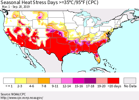 United States Seasonal Heat Stress Days >=35°C/95°F (CPC) Thematic Map For 3/1/2019 - 9/20/2019