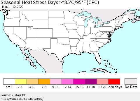 United States Seasonal Heat Stress Days >=35°C/95°F (CPC) Thematic Map For 3/1/2020 - 3/10/2020