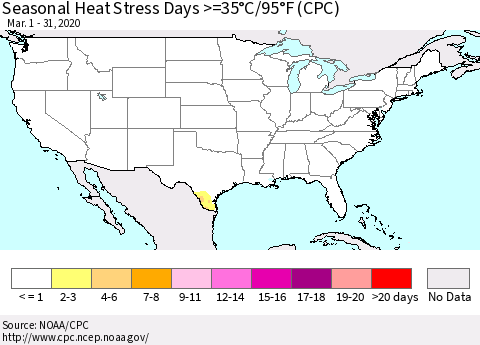 United States Seasonal Heat Stress Days >=35°C/95°F (CPC) Thematic Map For 3/1/2020 - 3/31/2020