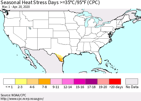 United States Seasonal Heat Stress Days >=35°C/95°F (CPC) Thematic Map For 3/1/2020 - 4/20/2020