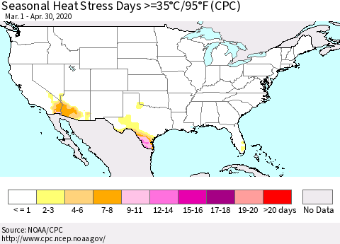 United States Seasonal Heat Stress Days >=35°C/95°F (CPC) Thematic Map For 3/1/2020 - 4/30/2020