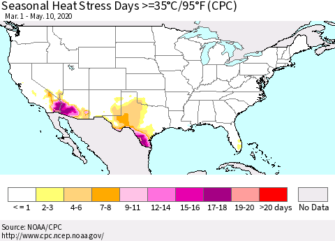 United States Seasonal Heat Stress Days >=35°C/95°F (CPC) Thematic Map For 3/1/2020 - 5/10/2020