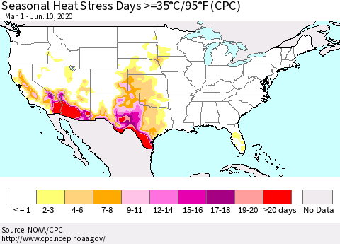 United States Seasonal Heat Stress Days >=35°C/95°F (CPC) Thematic Map For 3/1/2020 - 6/10/2020
