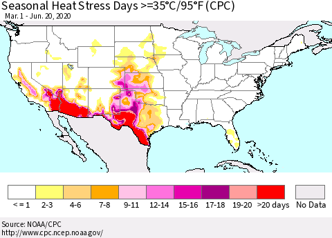 United States Seasonal Heat Stress Days >=35°C/95°F (CPC) Thematic Map For 3/1/2020 - 6/20/2020