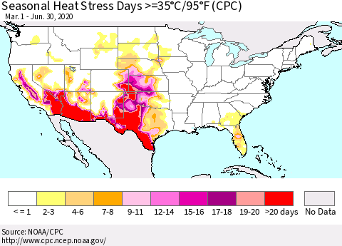 United States Seasonal Heat Stress Days >=35°C/95°F (CPC) Thematic Map For 3/1/2020 - 6/30/2020