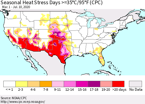United States Seasonal Heat Stress Days >=35°C/95°F (CPC) Thematic Map For 3/1/2020 - 7/10/2020