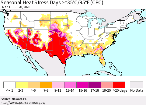 United States Seasonal Heat Stress Days >=35°C/95°F (CPC) Thematic Map For 3/1/2020 - 7/20/2020