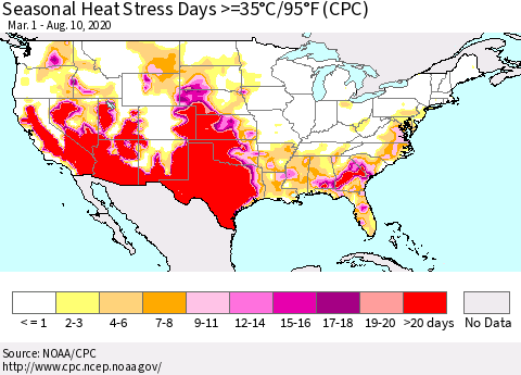 United States Seasonal Heat Stress Days >=35°C/95°F (CPC) Thematic Map For 3/1/2020 - 8/10/2020