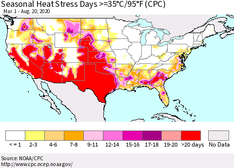 United States Seasonal Heat Stress Days >=35°C/95°F (CPC) Thematic Map For 3/1/2020 - 8/20/2020