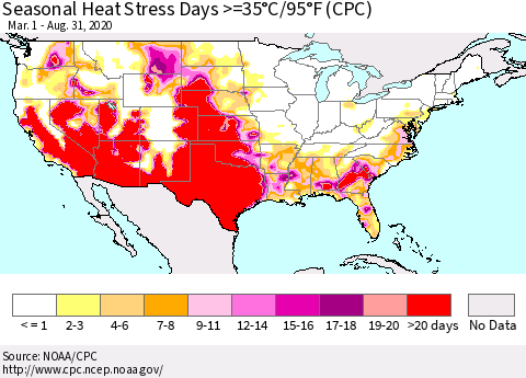 United States Seasonal Heat Stress Days >=35°C/95°F (CPC) Thematic Map For 3/1/2020 - 8/31/2020