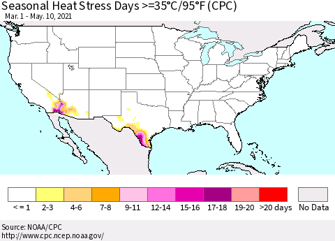 United States Seasonal Heat Stress Days >=35°C/95°F (CPC) Thematic Map For 3/1/2021 - 5/10/2021
